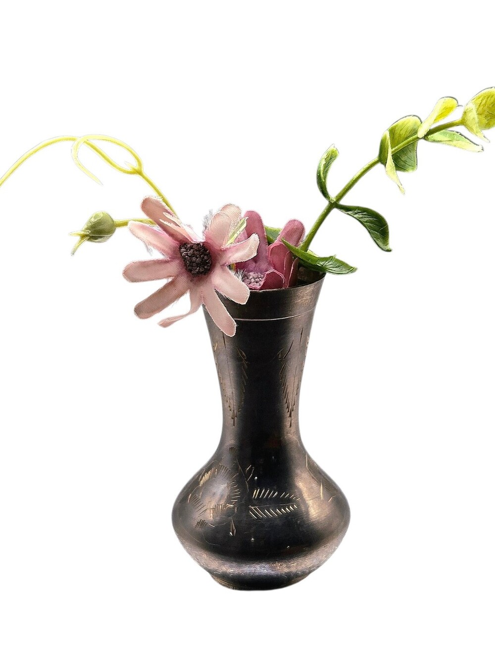 "5/$40" Vtg Etched Brass Mini Vase W/Floral & Greenery
